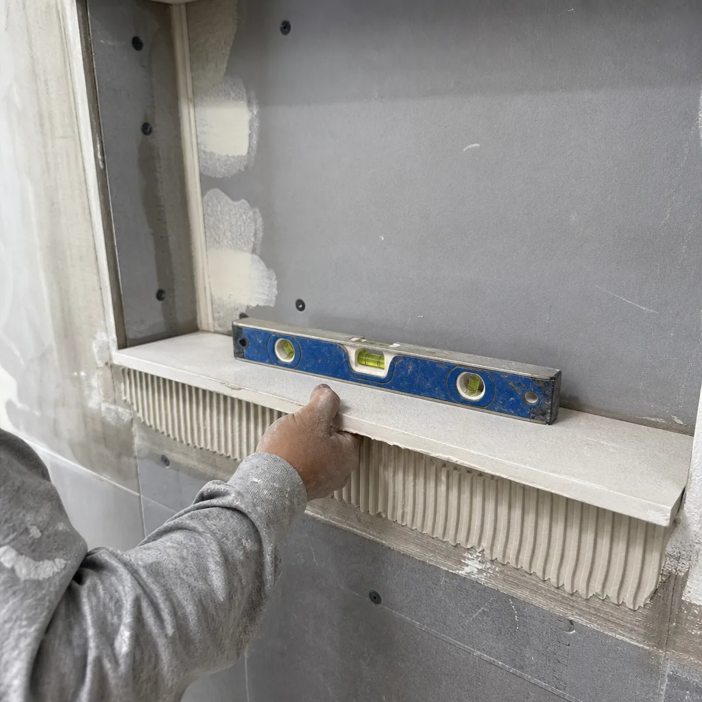 Contractor using a level to install a shelf during bathroom remodeling