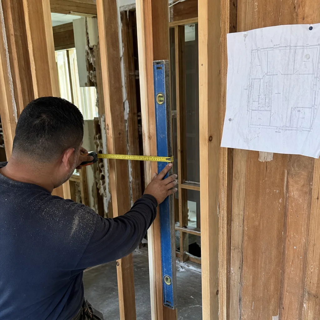 General contractor using a level and measuring tape on wood wall framing