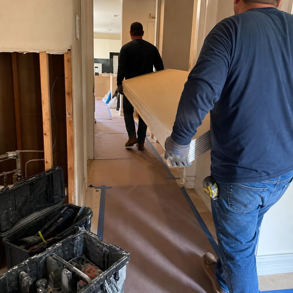 Two general contractors carrying drywall sheets through a residential home renovation site.