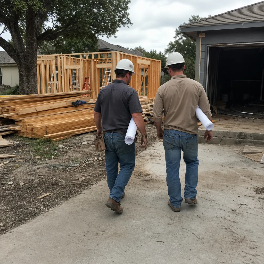 Two construction professionals carrying blueprints at a home renovation job site.
