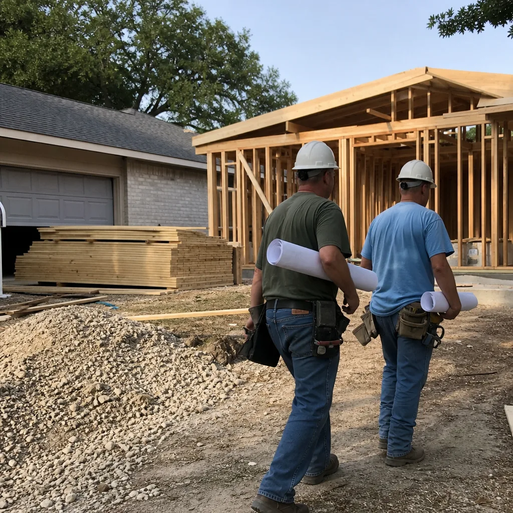 Two construction workers carrying blueprints at a residential home renovation site.