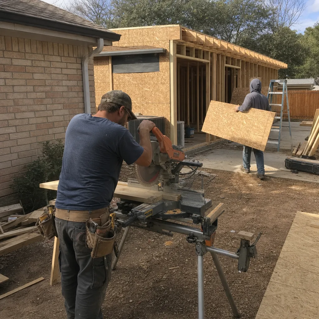 construction worker cutting lumber with a miter saw on a job site