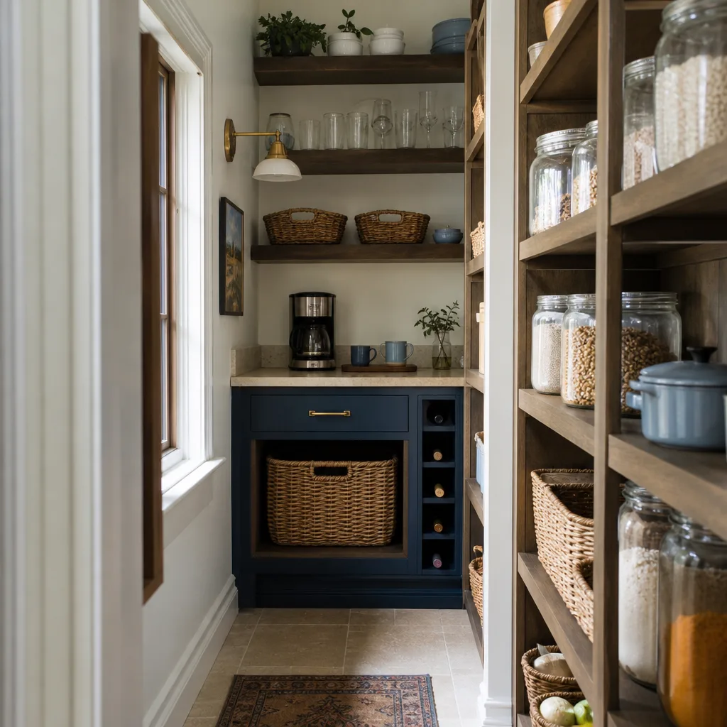 A walk-in pantry with wood shelving